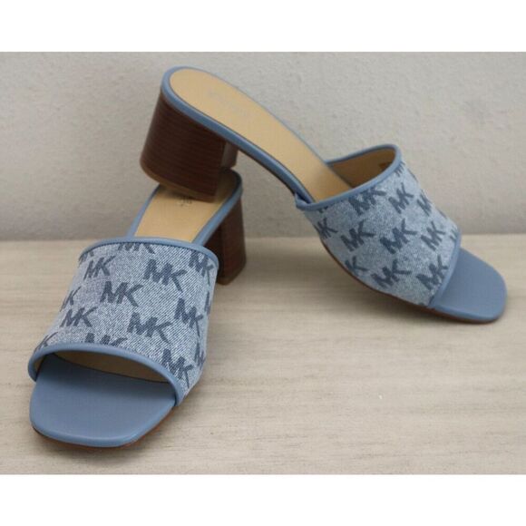 Michael Kors PV24K Women Sz 11M Blue Denim Logo Print Heeled Slides Sandals - Picture 1 of 10